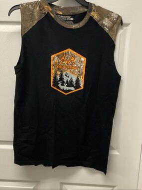 Realtree Black Tank Top with Camo Shoulders and Orange Logo